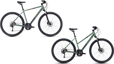 Zwei Cube Nature EXC Fahrräder mit Diamantrahmen und Trapezrahmen.