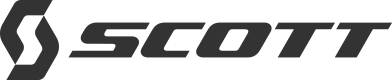 Zu sehen ist das Logo der Marke Scott mit schwarzem Schriftzug in klaren, schmalen Großbuchstaben, links daneben ein stilisiertes schwarzes Symbol in Form eines kantigen „S“.