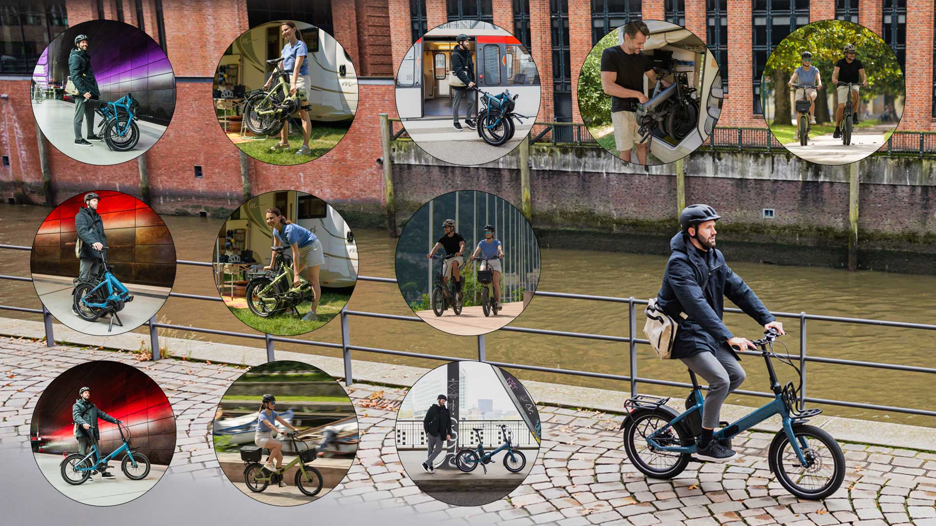 Zu sehen ist eine Bild Collage von Menschen, die in unterschiedlichen Situationen mit einem Faltrad unterwegs sind.